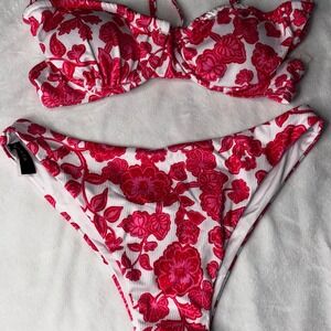 Floral‎ Bikini Set Volafa Two-Piece Swimsuit Beachwear Padded Ribbed Pink White